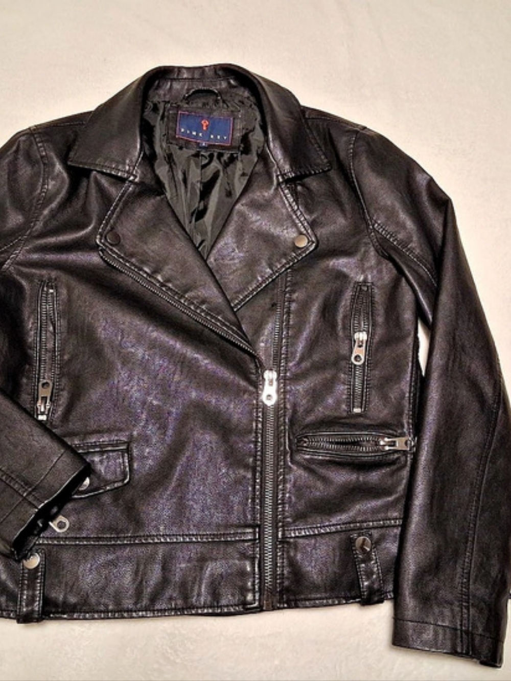 Pink Key Leather Moto Jacket in Black Size Small